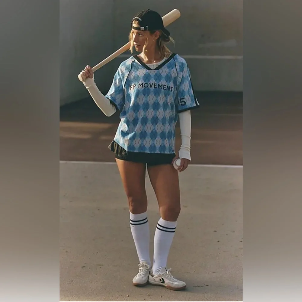 Free people movement Baseline Printed Tee. NWT. Light blue argyle - Picture 4 of 4